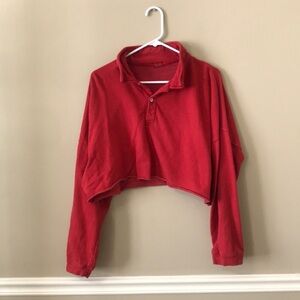 John Galt Red Polo Collared Cropped Sweatshirt